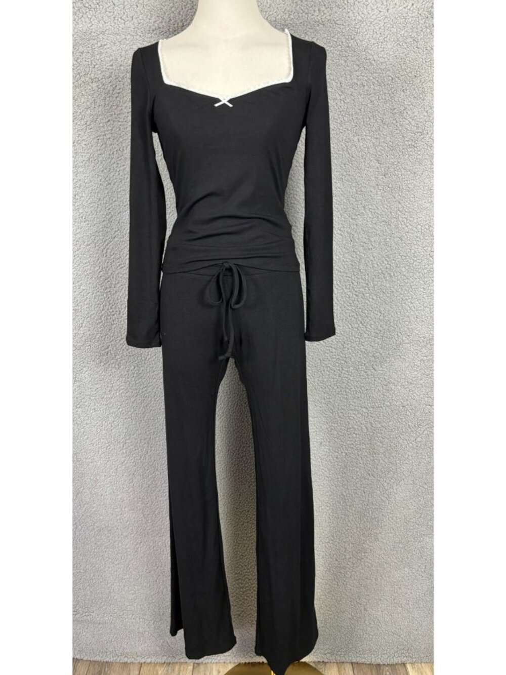 OMKAGI Women's  2 Piece Lounge Set Square Neck Long Sleeve Black Size Med NWOT's
